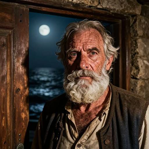 Photograph of an elderly white man with a white beard, wearing a brown vest over a beige shirt, standing in a dimly lit, rustic wooden