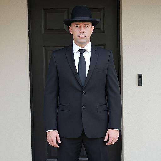 Photograph of a serious-looking Caucasian man in a black suit, white shirt, black tie, and black bowler hat, standing in front of a