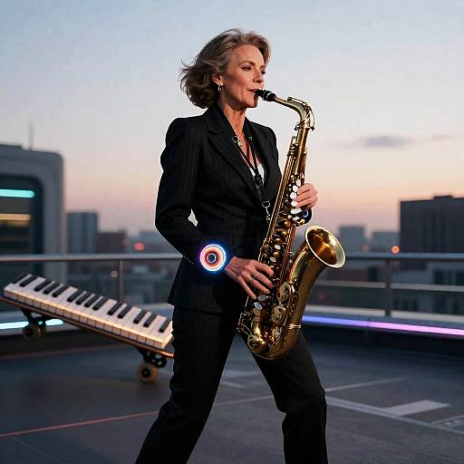 Retro-Futuristic Jazz Saxophonist Rooftop Boardslide