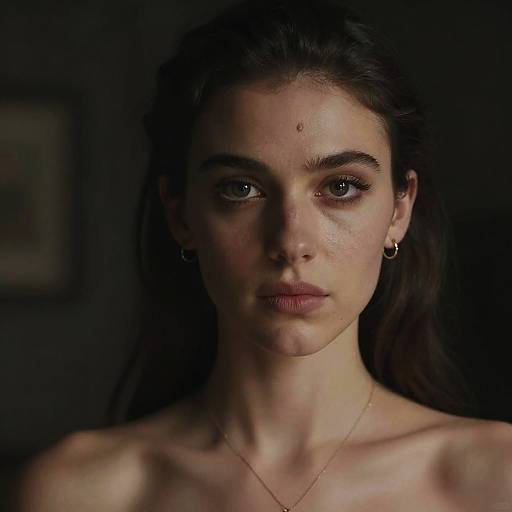 Photograph of a serious, fair-skinned young woman with dark hair, green eyes, small mole above her left eyebrow, wearing minimal jewelry, and