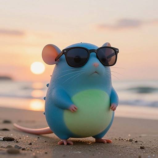 Photograph of a cute, chubby, blue and green cartoon mouse wearing black sunglasses, standing on a sandy beach at sunset.
