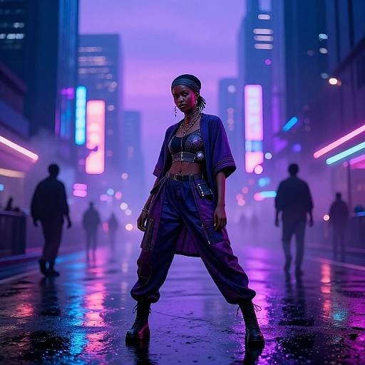 Cyberpunk city street at night; neon-lit, foggy background. Central female figure in futuristic, blue crop top, baggy pants,