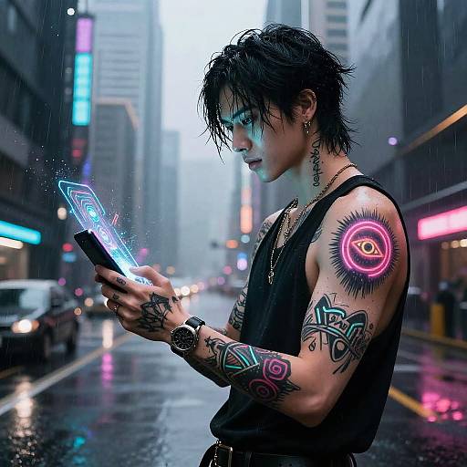 Tattooed, black-haired man in sleeveless shirt, neon tattoos, cyberdeck, rain-soaked urban street, neon-lit buildings,