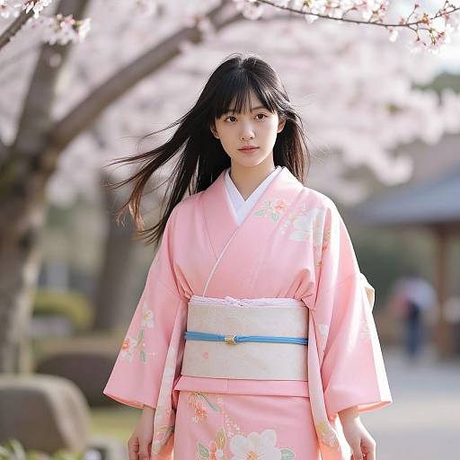 Young Woman in Pink Kimono with Cherry Blossoms
