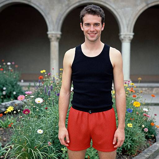 Photograph of a smiling young man with short brown hair, wearing a black sleeveless shirt and red mesh shorts, standing in a vibrant garden with colorful