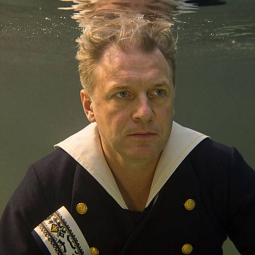 Photograph of a middle-aged white man with short, light brown hair, underwater, wearing a black naval uniform with white collar and gold buttons, g