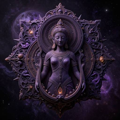 Digital artwork of a purple, ornate, deity-like statue with closed eyes, intricate jewelry, and glowing accents, set against a cosmic background.