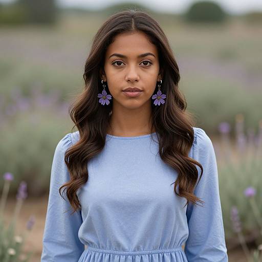 Photograph of a young South Asian woman with long, wavy dark hair, wearing a light blue dress and purple flower earrings, standing in a blurred