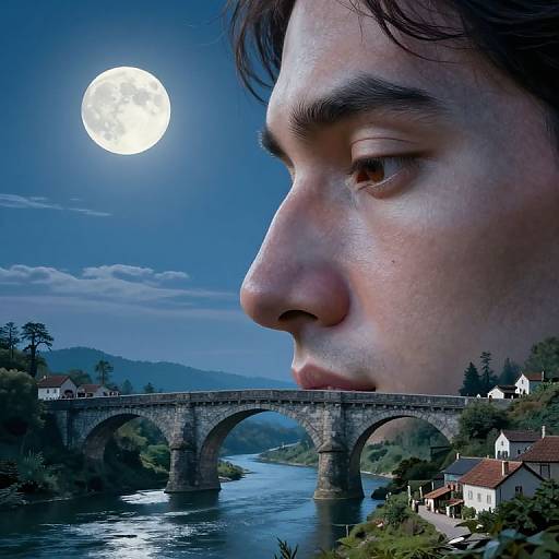 Digital artwork of an Asian man's profile with a large full moon, stone arch bridge, and quaint village below a calm river.