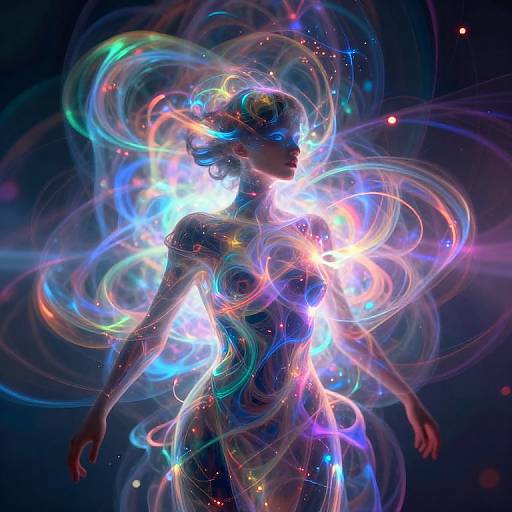 Digital art of a glowing, silhouetted female figure surrounded by vibrant, swirling neon light trails in blue, purple, and green hues.