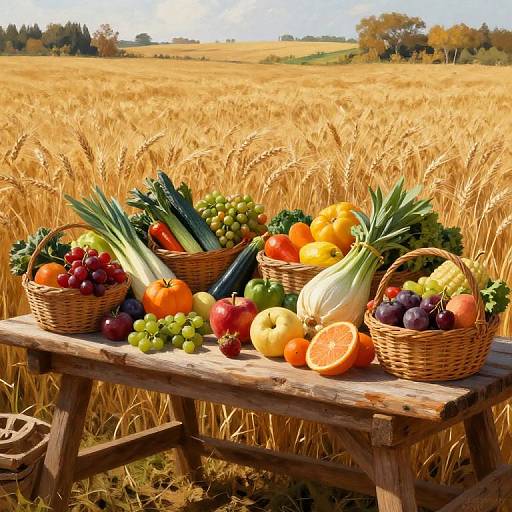 Vibrant baskets of fruits, vegetables, and grains on a rustic wooden table, set in a golden wheat field under a clear sky.