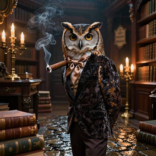 Photograph-style digital art: Owl in a dark, wet suit with bow tie, holding cigar, standing in dimly lit, candlelit library with