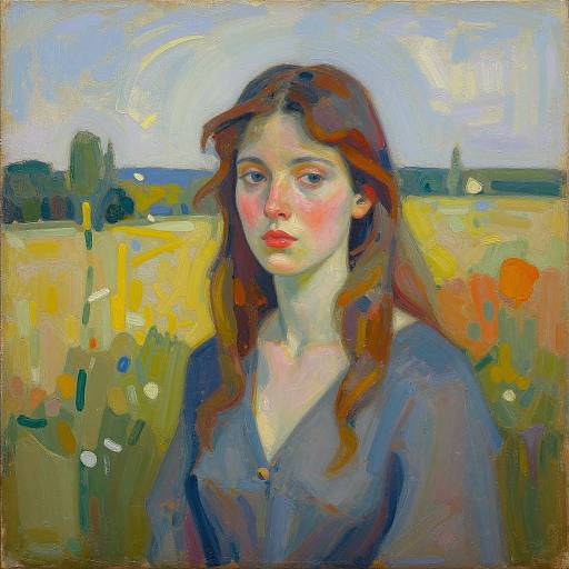 Impressionist oil painting of a fair-skinned, red-haired woman with loose waves, wearing a blue blouse, standing in a sunlit, colorful