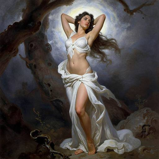 Digital painting of a dark-haired woman with glowing halo, wearing a white, flowing, revealing dress, standing with arms raised, amidst dark, mystical forest