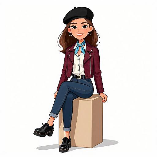 Digital illustration of a confident woman with medium skin tone, brown hair, wearing a black beret, maroon leather jacket, white shirt, blue scarf