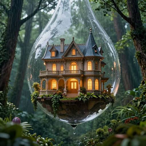 Photorealistic digital art of a glowing Victorian house with a blue roof suspended in a giant clear teardrop in a lush, misty forest.