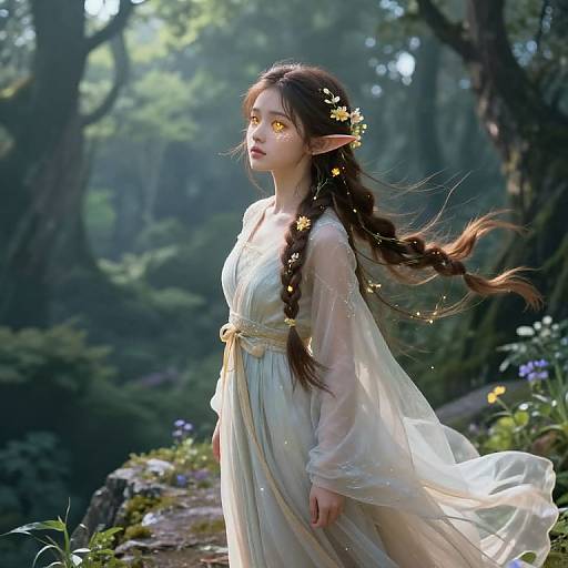 Digital fantasy artwork of a young, ethereal elf woman with glowing yellow eyes, long brown hair adorned with flowers, wearing a sheer, white, flowing