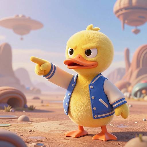 Anthropomorphic Duck in Varsity Jacket on Alien Planet