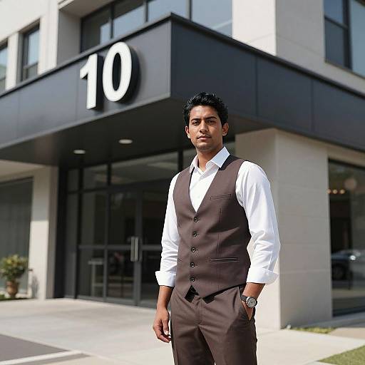 Photograph of a young Indian man with dark hair, wearing a white shirt and brown vest, standing in front of a modern office building with black and