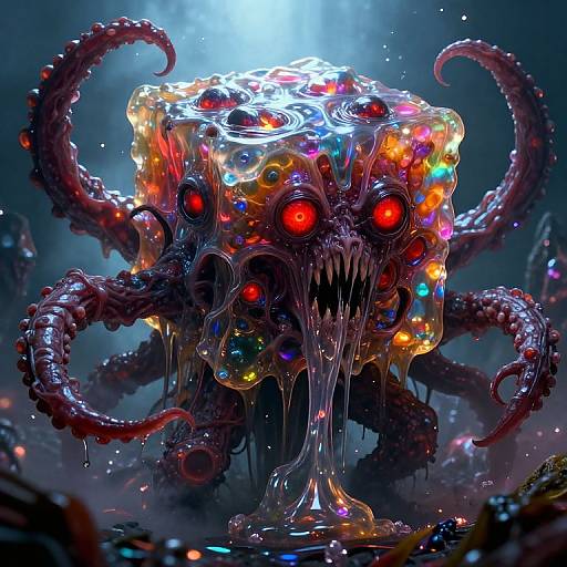 Digital artwork of a grotesque, tentacled creature with a melting, colorful, crystalline head featuring glowing red eyes and dripping slime.