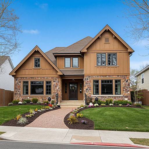 Photograph of a two-story house with brown wood siding, stone accents, and a gabled roof, set against a clear blue sky. Well-m