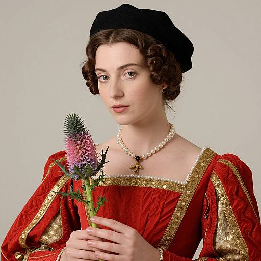 Photograph of a pale-skinned woman with dark, wavy hair, wearing a black hat, red Renaissance-style dress with gold trim, and pearl