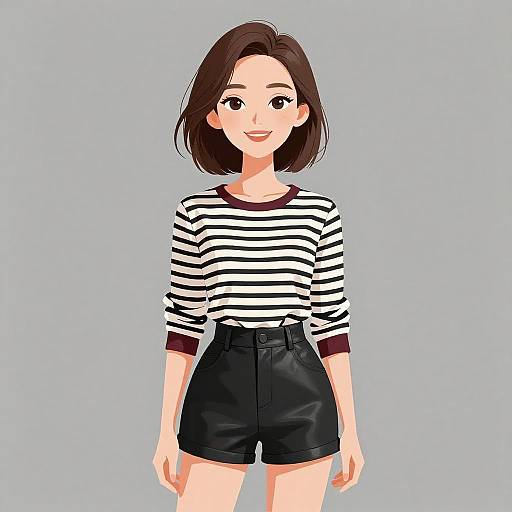 Digital anime-style drawing of a smiling young woman with short brown hair, wearing a black-and-white striped shirt and black high-waisted shorts.