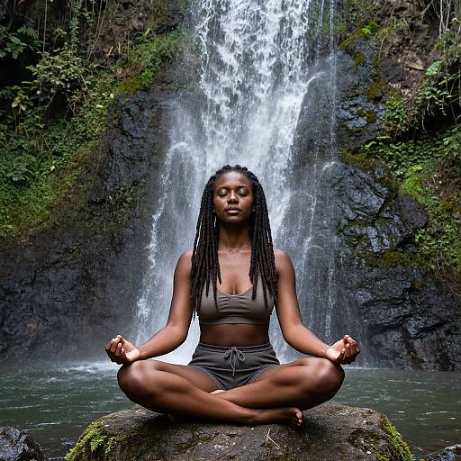 Photograph of a Black woman with long dreadlocks, in a gray sports bra and shorts, meditating cross-legged in front of a waterfall.