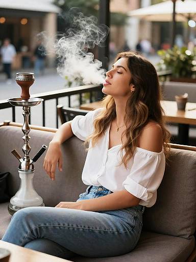 Relaxed Woman Smoking Shisha at Cafe