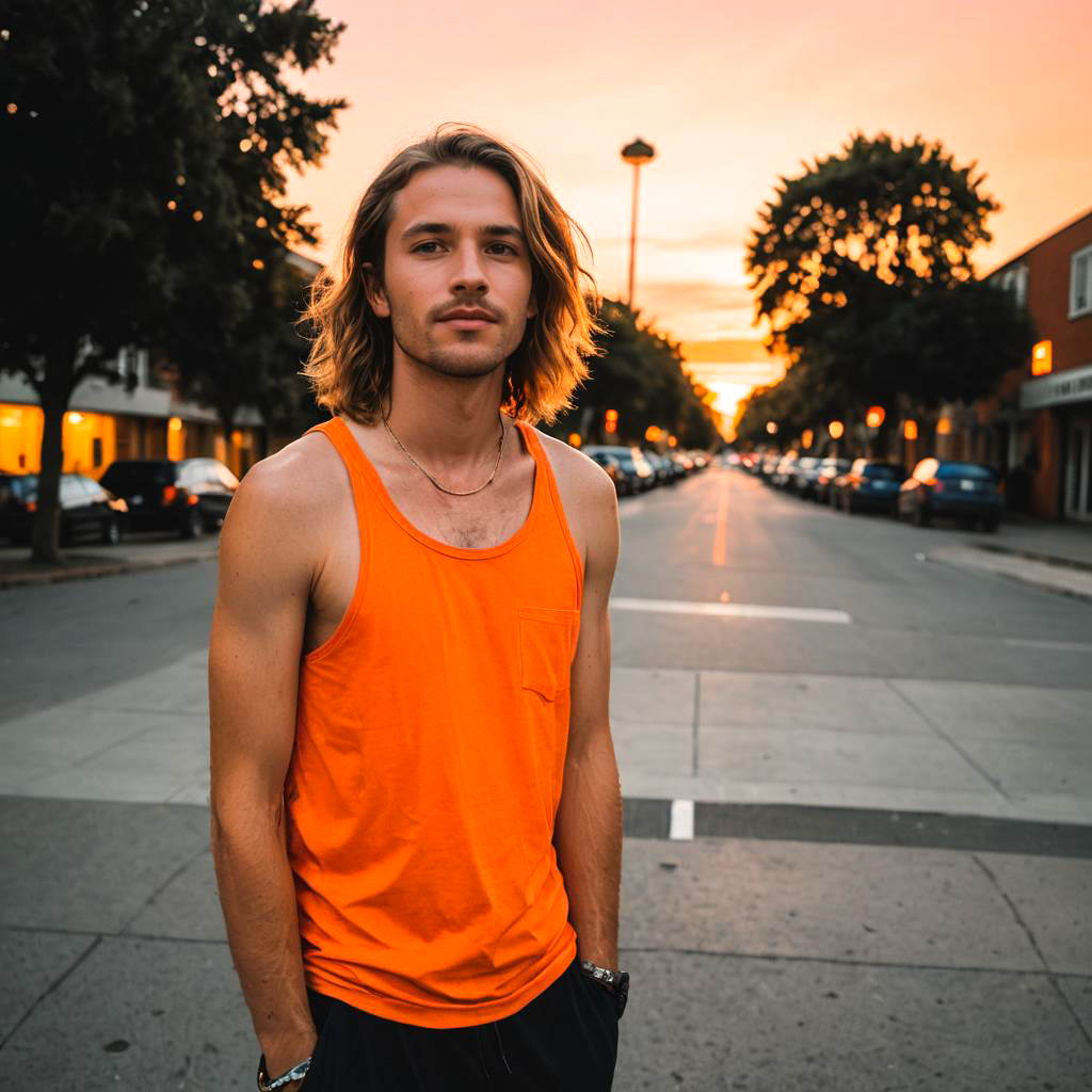 Skateboarder in Vibrant Orange Outfit