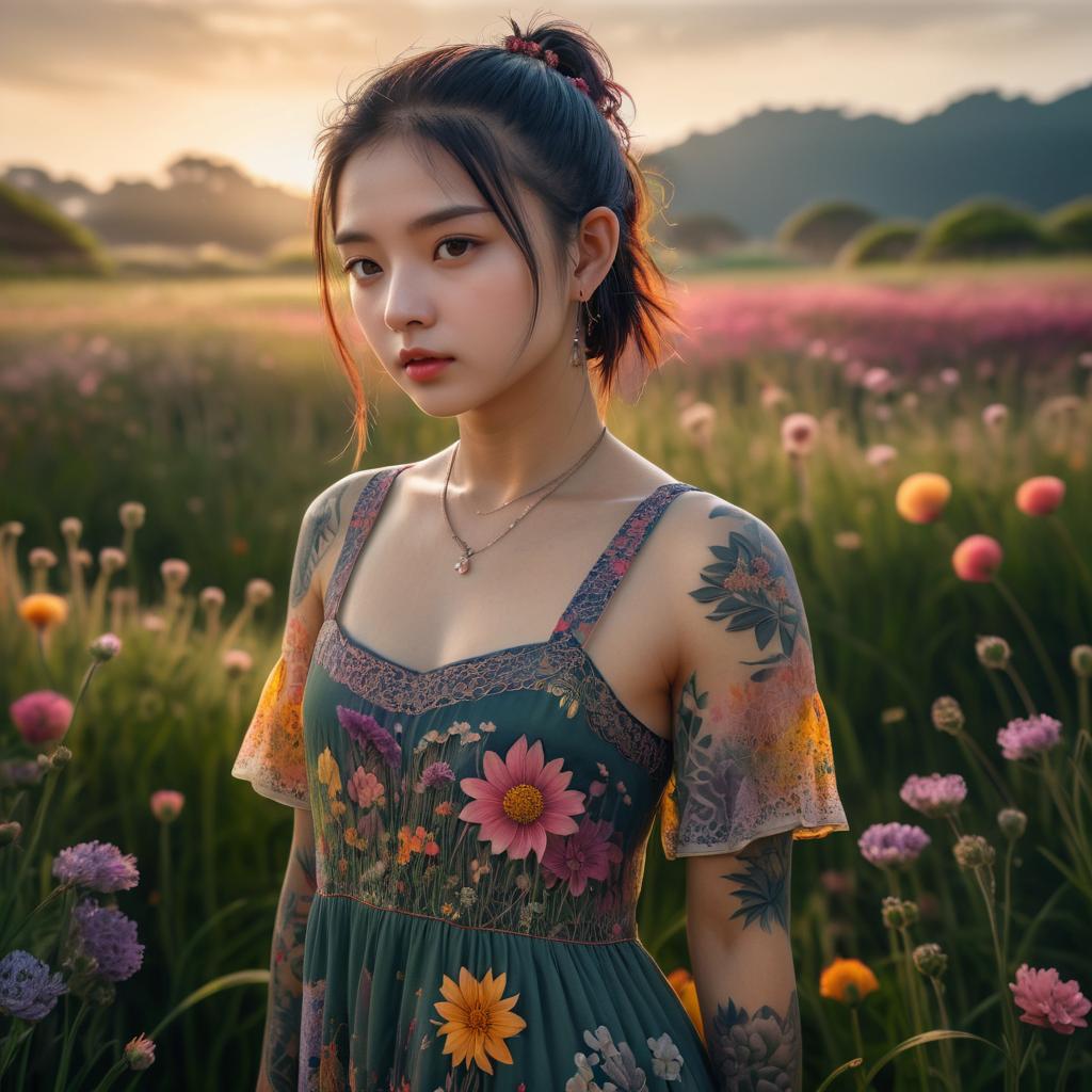 Serene Girl in Vibrant Flower Field