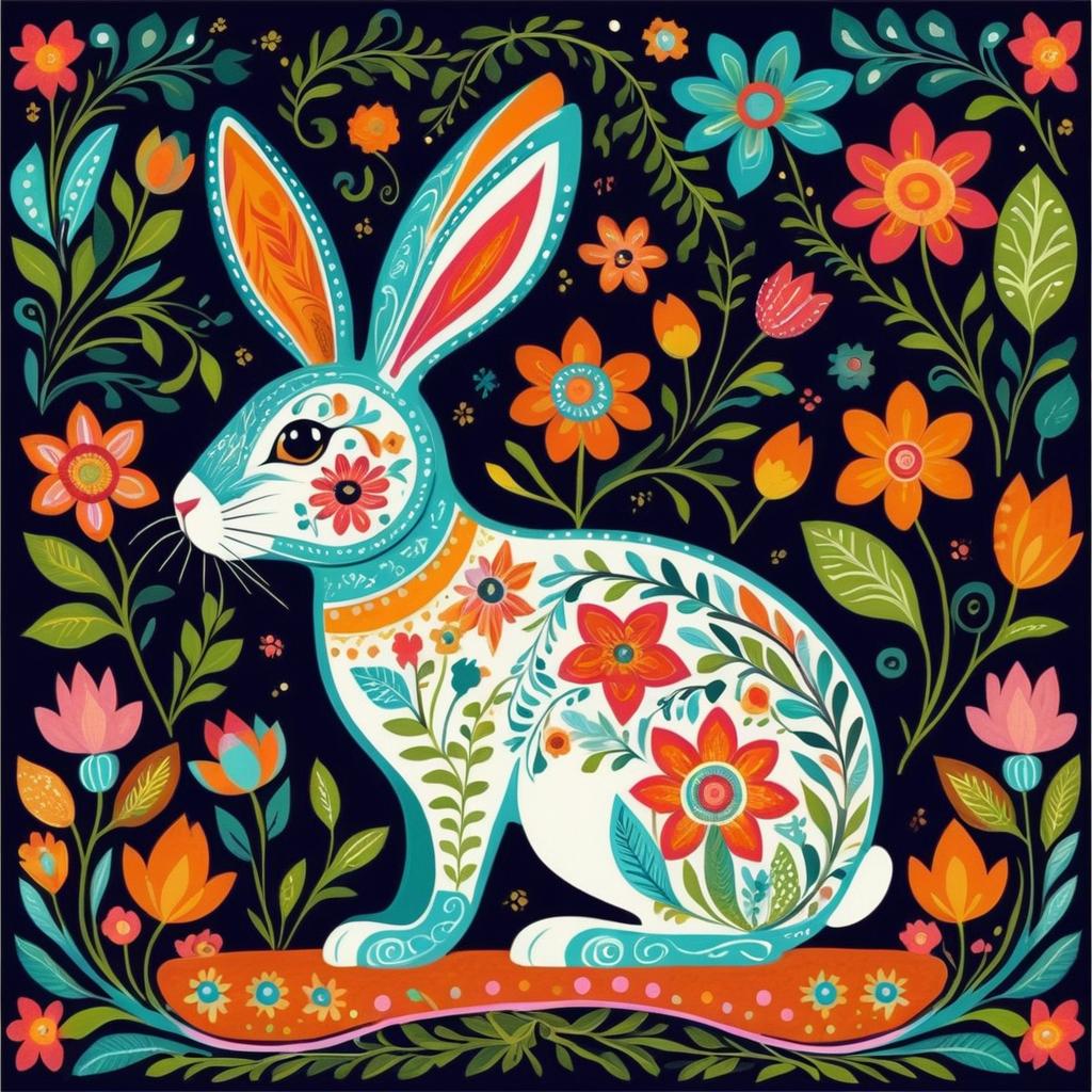 Colorful Whimsical Folk Art Rabbit