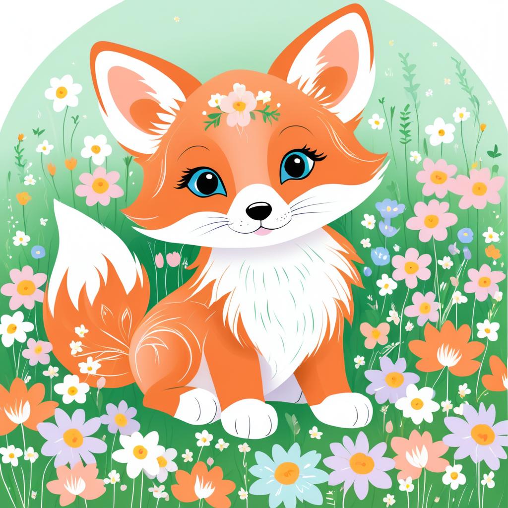 Whimsical Baby Fox in Flower Meadow