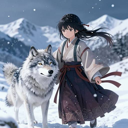 Anime-style digital drawing of a black-haired girl in traditional Japanese clothing standing in snowy mountains, holding the leash of a large, gray wolf with piercing yellow