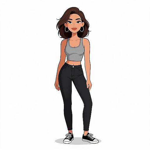 Digital illustration of a young woman with medium skin tone, brown wavy hair, wearing a gray crop top, black high-waisted jeans, and