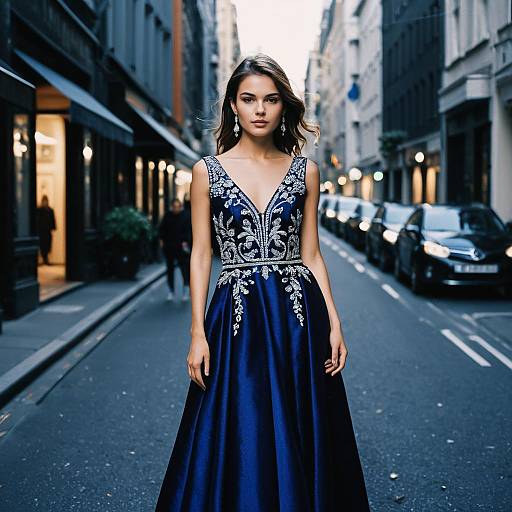 Elegant Woman in Midnight Blue Gown on City Street