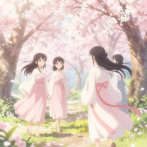Anime-style digital illustration of four Japanese schoolgirls in white and pink kimono walking under cherry blossom trees with sunlight filtering through.