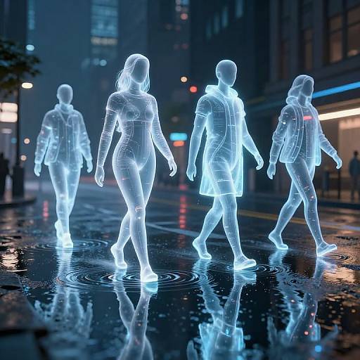 Digital CGI image of glowing, blue neon outlines of four people walking on a wet, reflective urban street at night.