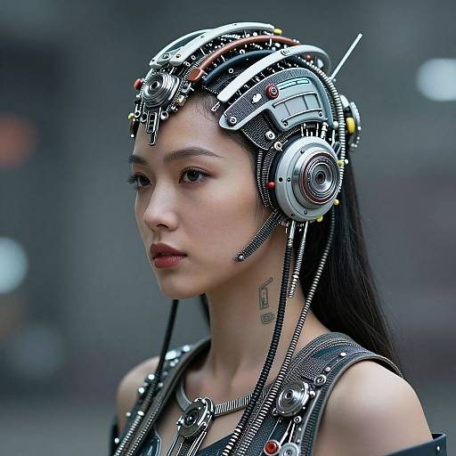 Photorealistic digital art of an East Asian woman with cybernetic headgear, featuring wires and mechanical components, wearing a black sleeveless top against