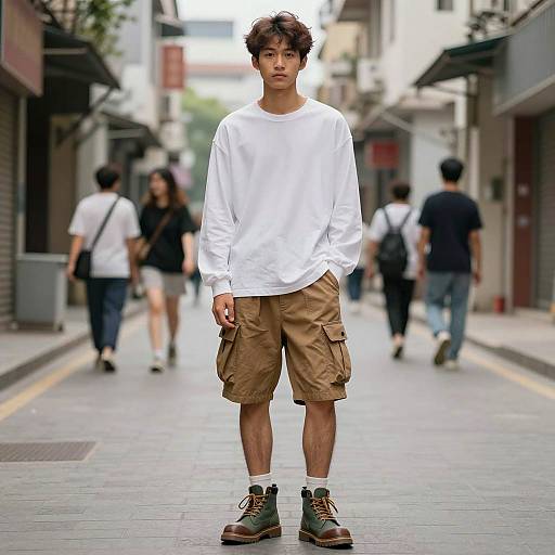 Young man in casual street outfit standing in urban alley