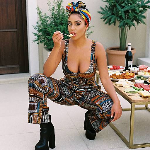 Photograph of a curvy woman with tan skin and large breasts, wearing a colorful, patterned jumpsuit and black boots, kneeling and eating a