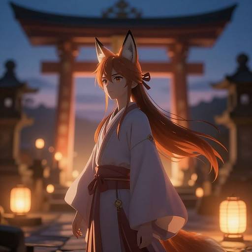 Digital anime artwork of a fox-eared girl in a white kimono, standing in front of a glowing torii gate at dusk. Warm lanterns