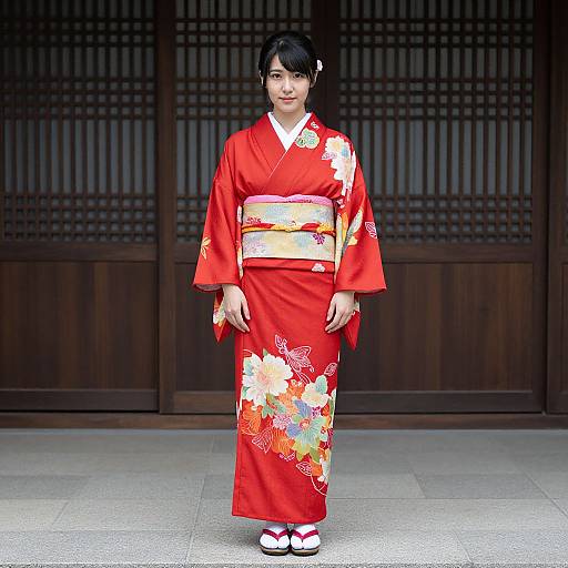 Photograph of an Asian woman in a vibrant red floral kimono with white and orange blossoms, standing in front of traditional wooden sliding doors.