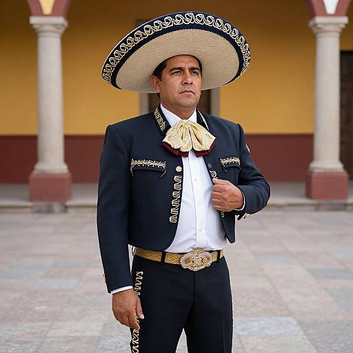 Photograph of a serious male matador in traditional black charro suit with ornate embroidery, large white sombrero, yellow bowtie, standing in