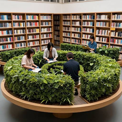 Photograph of four students, three women and one man, seated in a circular wooden library seating area with lush green plants, surrounded by bookshelves