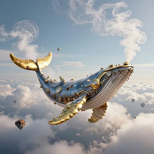 Digital art of a golden, ornate, whale-shaped airship with mechanical details, soaring through a bright, cloudy sky with other small airships.