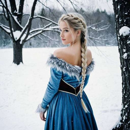 Woman in Blue Winter Dress with Braid in Snowy Forest