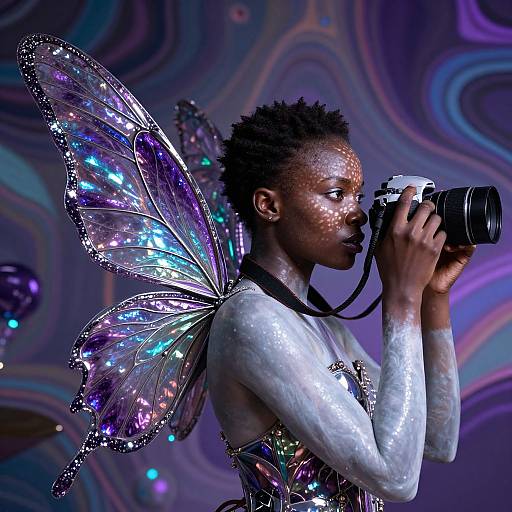 Digital artwork: African woman with glowing butterfly wings, sparkling silver bodysuit, holding camera, set against colorful, swirling abstract background.
