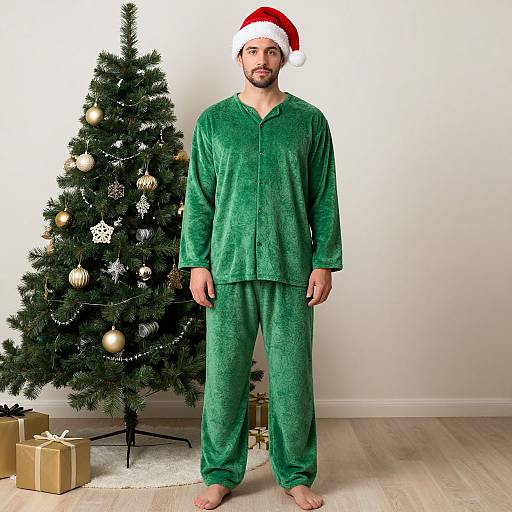 Photograph of a bearded man in green pajamas and a Santa hat, standing barefoot in front of a decorated Christmas tree with gifts.