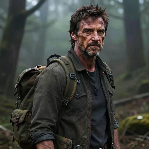 Photograph of a rugged, middle-aged man with messy dark hair and beard, wearing a dirty green jacket and backpack, standing in a misty forest